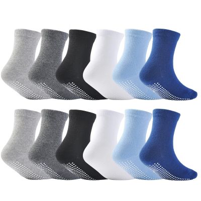 EPEIUS Baby Anti Slip Crew Socks 12 Pack with Grips for Toddlers Little Boys Girls Infants Kids Non Skid Value Pack,6-12 Months Black/White/Grey/Blue