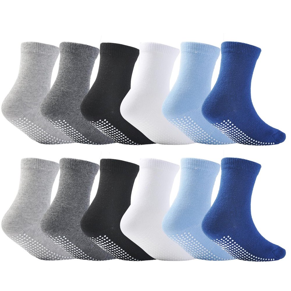 EPEIUS Baby Anti Slip Crew Socks 12 Pack with Grips for Toddlers Little Boys Girls Infants Kids Non Skid Value Pack,6-12 Months Black/White/Grey/Blue