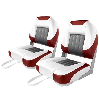 XGEAR Deluxe Low Back Boat Seat, Fold-Down Fishing Boat Seat (2 Seats) (White/Grey/Red)