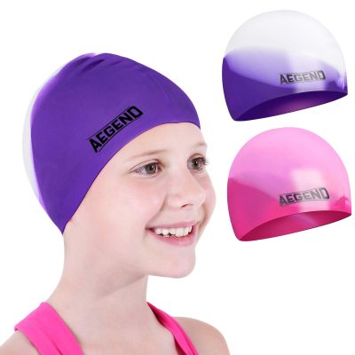 Aegend 2 Pack Kids Swim Cap for Girls Boys Age 8-15, Waterproof Swim Cap Durable Silicone Kids Swimming Cap for Long Hair, Purple & Pink