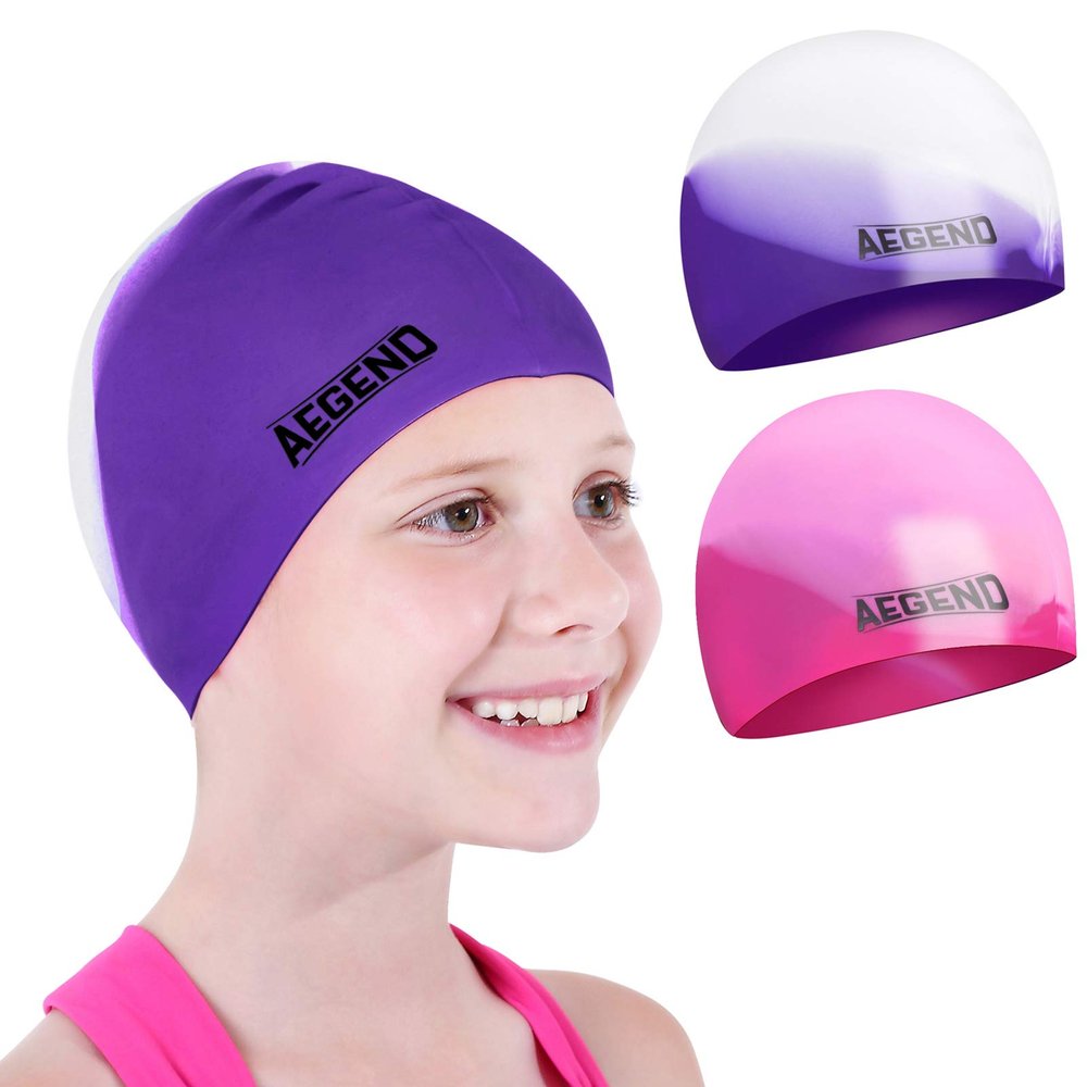 Aegend 2 Pack Kids Swim Cap for Girls Boys Age 8-15, Waterproof Swim Cap Durable Silicone Kids Swimming Cap for Long Hair, Purple & Pink