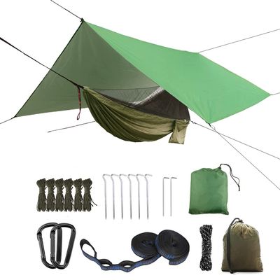 Oversized rain Rope tarp and Camping Hammock with Mosquito net, Portable Single Double Hammock with Tree Strap Hammock Set for Camping, Backpacking hikes, Outdoor BackyardArmy Green
