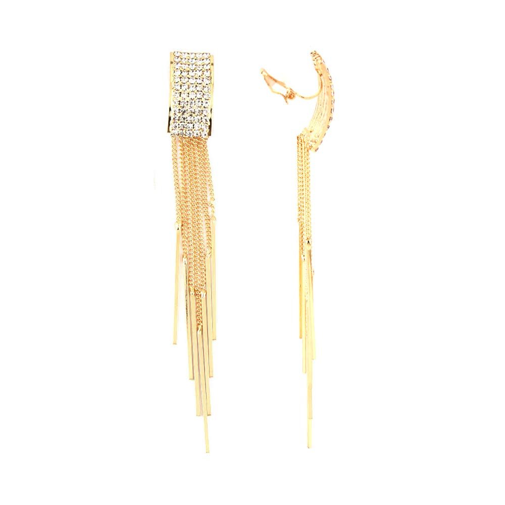 HAPPYAN Women's Clip on Earrings Austria Crystal ART Deco Long Tassel Dangle Drop Earrings Fashion Bijouterie (Gold Clip-ons)