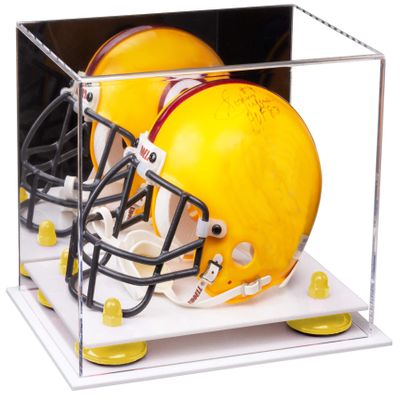 Better Display Cases Acrylic Mini - Miniature Football Helmet (not Full Size) Display Case with Mirror, Yellow Risers and White Base (A003-YR)