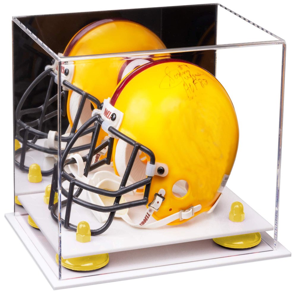 Better Display Cases Acrylic Mini - Miniature Football Helmet (not Full Size) Display Case with Mirror, Yellow Risers and White Base (A003-YR)