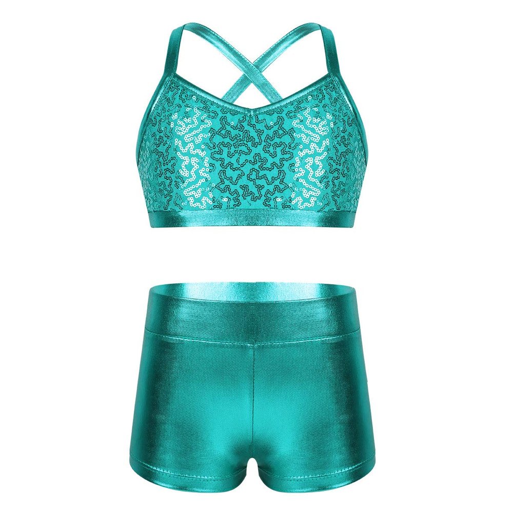 Agoky Kids Girls' Top and Booty Shorts Ballet Dance Gymnastics Sports Leotard or Swimwear Swimming Costumes Lake_Blue Shiny 12-14