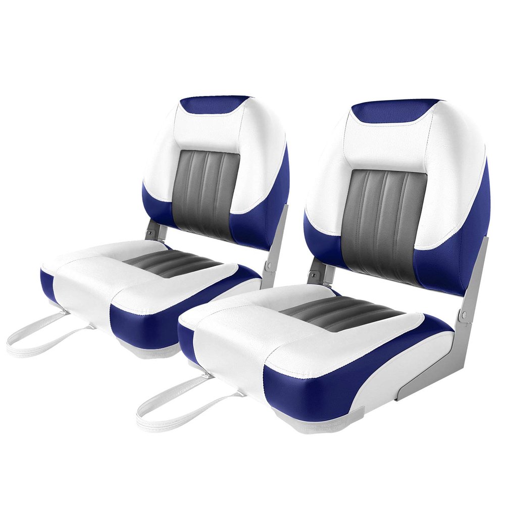 XGEAR Deluxe Low Back Boat Seat, Fold-Down Fishing Boat Seat (2 Seats) (White/Grey/Blue)