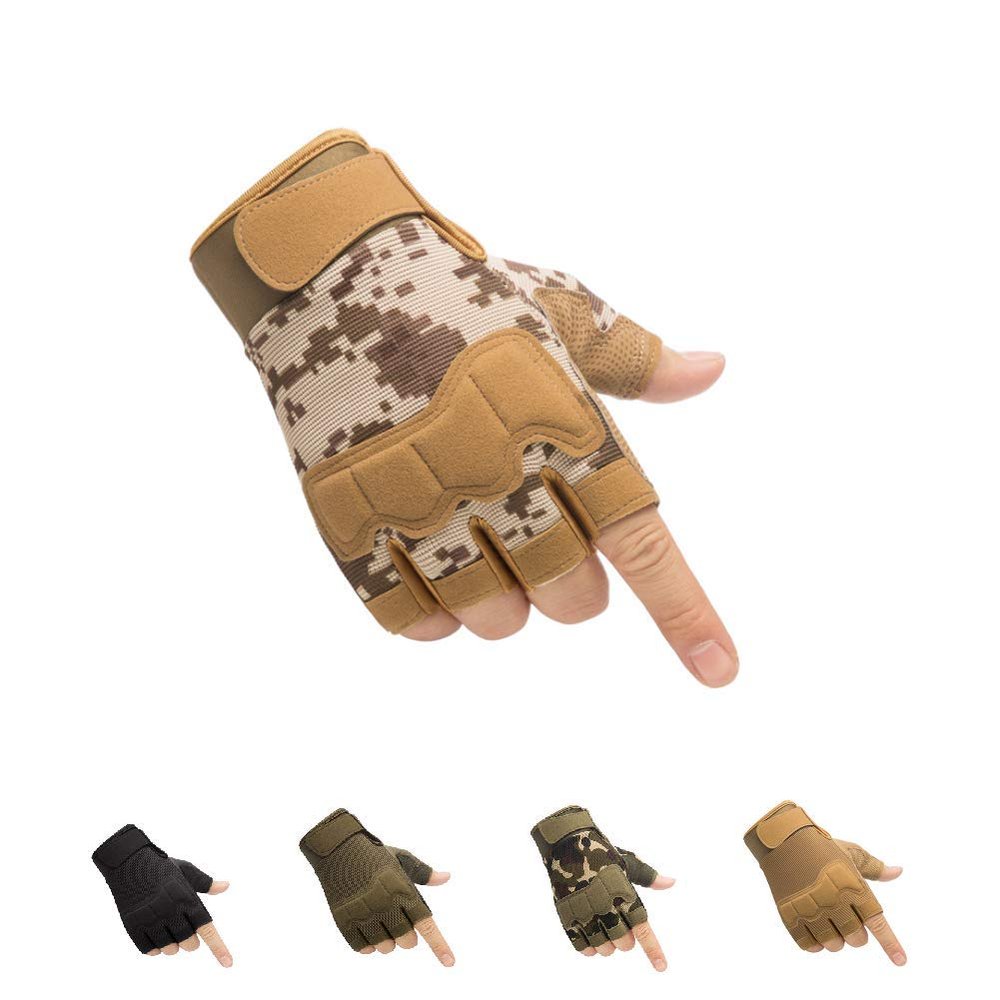HYCOPROT Fingerless Gloves, Knuckle Protective Breathable Lightweight Outdoor Gloves for Hunting, Motorcycling, Climbing (L, Yellow Camo)