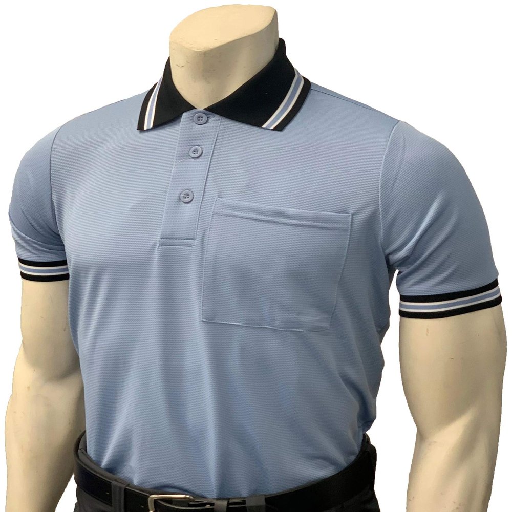Smitty | BBS-307 | Baseball Softball Umpire Shirt | Body Flex Style Short Sleeve | Accommodates Chest Protector | Elite Official's Choice! (Carolina Blue w/Black Trim, Large)