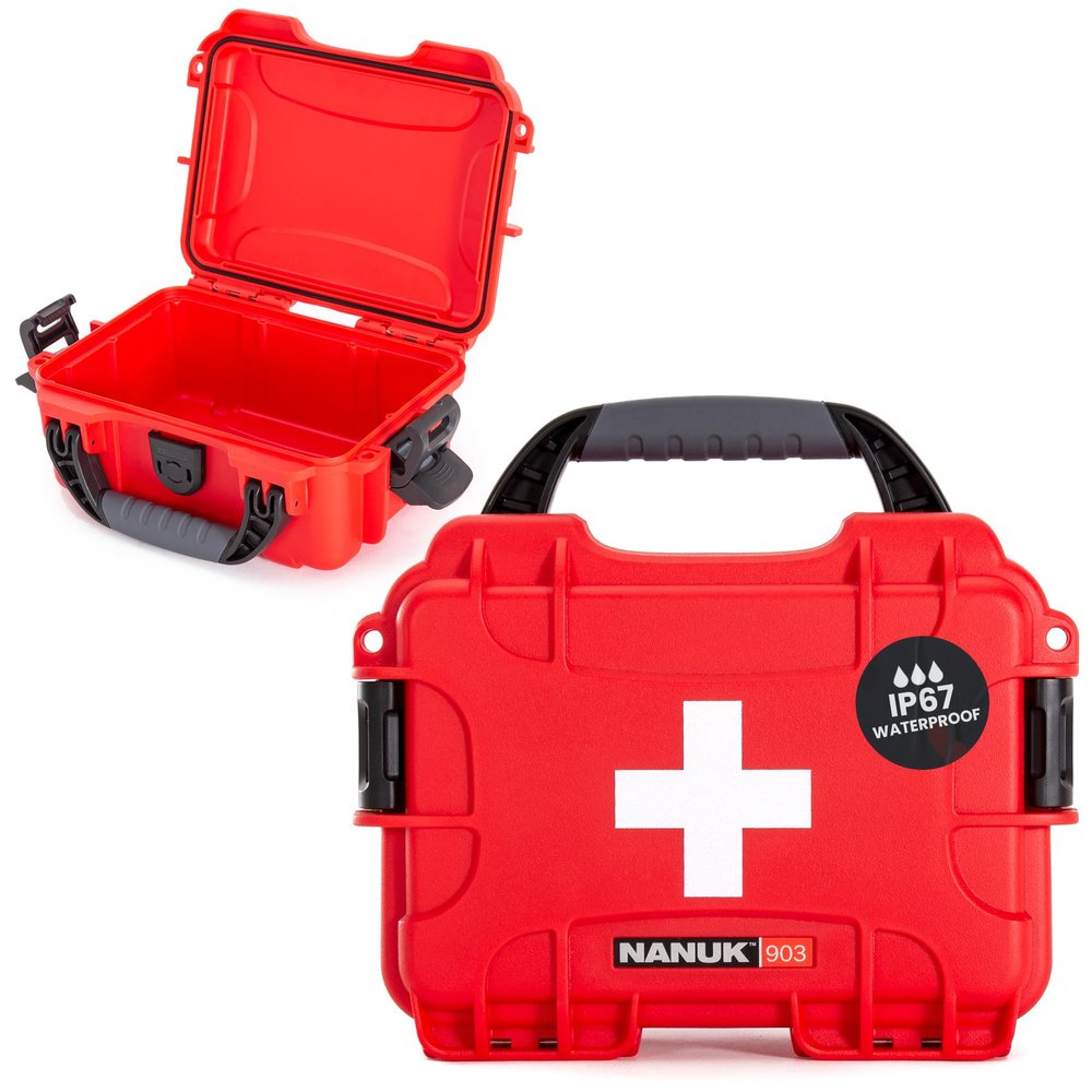 NANUK 903 Waterproof First Aid Box Empty  Durable, Medical First Aid Organizer Case, IP67-Rated, Dustproof, Impact-Resistant, and Floats (7.4" x 4.9" x 3.1")  Red