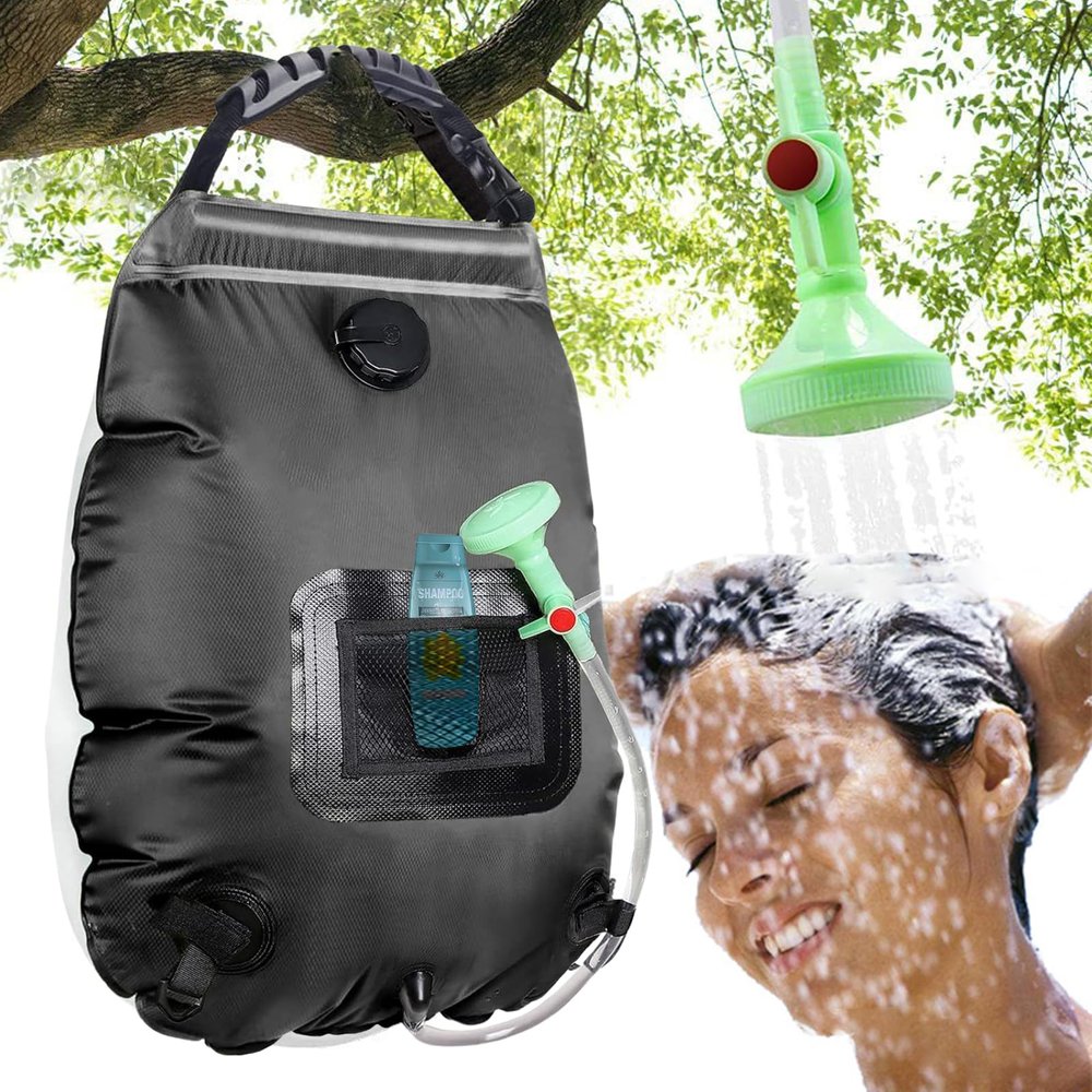 KIPIDA Solar Shower Bag,5 gallons/20L Solar Heating Camping Shower Bag with Removable Hose and On-Off Switchable Shower Head for Camping Beach Swimming Outdoor Traveling Hiking (Black)