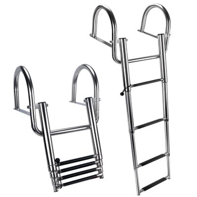 Marinebaby 4 Steps Pontoon Boat Ladder, Stainless Steel Folding Telescoping Rear Entry Inboard Ladder with Pedal Hand Railing