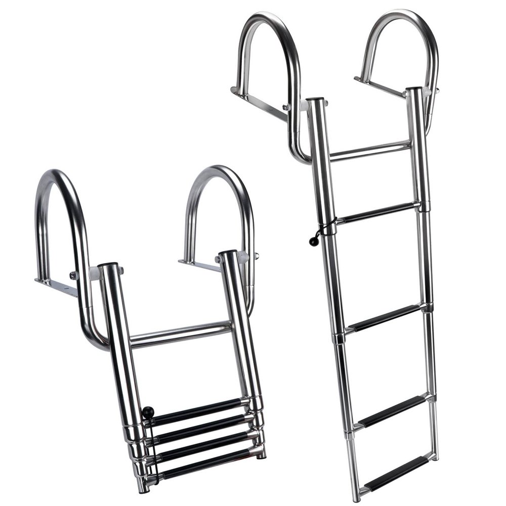 Marinebaby 4 Steps Pontoon Boat Ladder, Stainless Steel Folding Telescoping Rear Entry Inboard Ladder with Pedal Hand Railing
