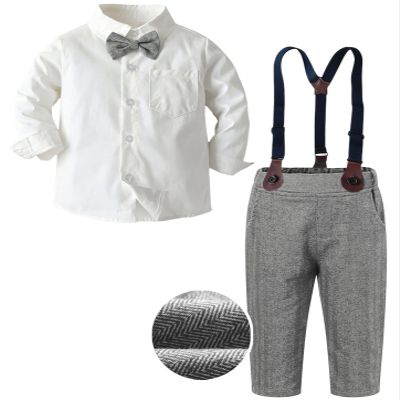 SANGTREE Baby Boys Clothes, Long Sleeve Button Down Dress Shirt with Bowtie + Suspender Pants for Boy, 7# White, Tag 80 = 12-18 Months