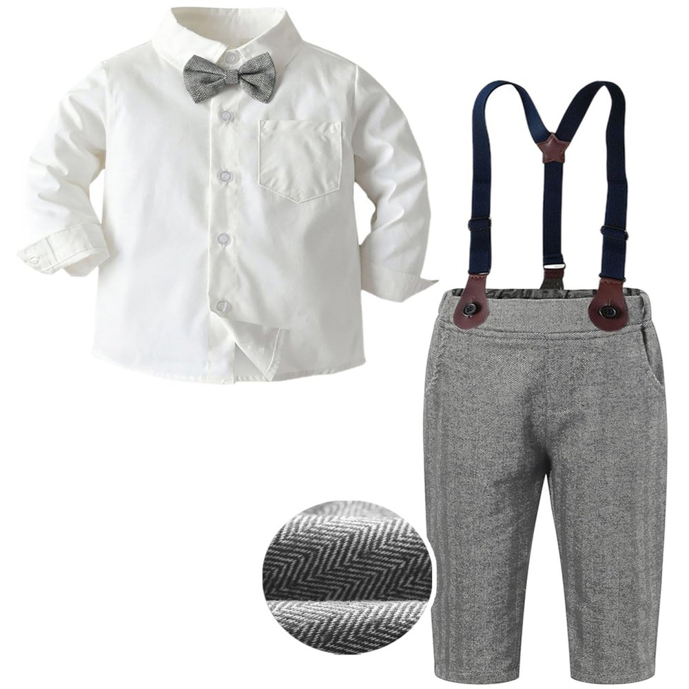 SANGTREE Baby Boys Clothes, Long Sleeve Button Down Dress Shirt with Bowtie + Suspender Pants for Boy, 7# White, Tag 80 = 12-18 Months