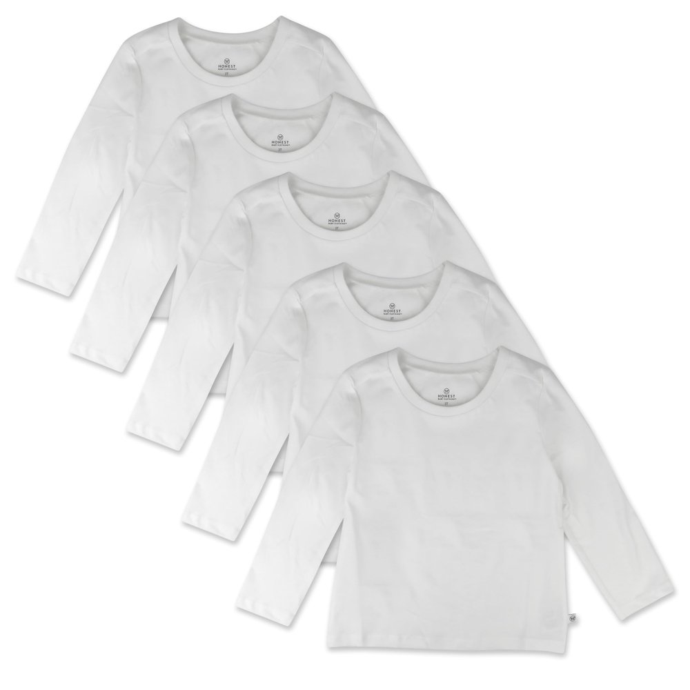 HonestBaby 5-Pack Long Sleeve T Shirts 100% Organic Cotton for Toddler, Little Kids Boys, Girls, Bright White, 5T