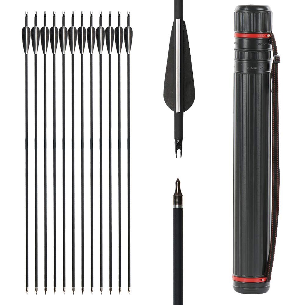 IRQ 31 Inch Carbon Arrow Quiver Set Spine 400 for Compound Recurve Long Bows Target Practice and Hunting Arrows, 12 Pack Carbon Fiber Arrow Plus 1 Quiver