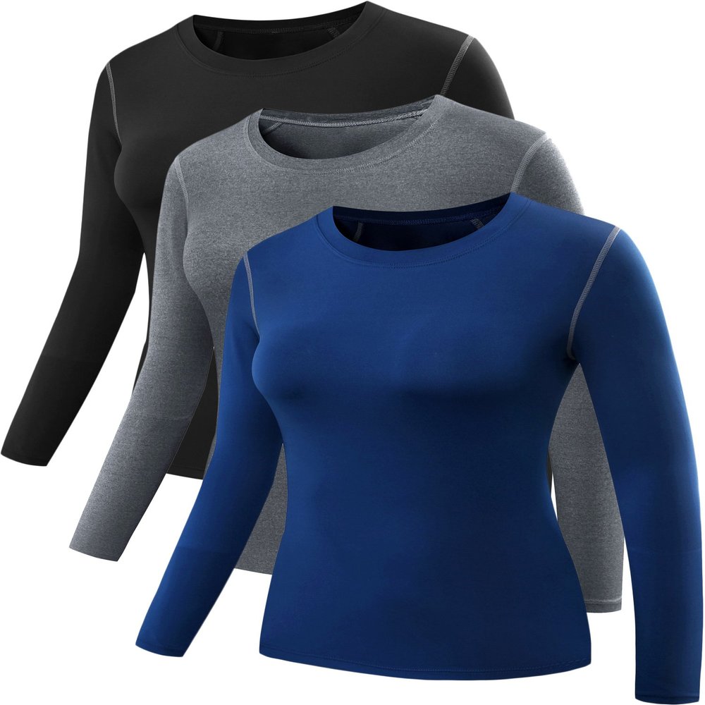 NELEUS Women's 3 Pack Dry Fit Athletic Compression Long Sleeve T Shirt,Black,Grey,Blue,Large