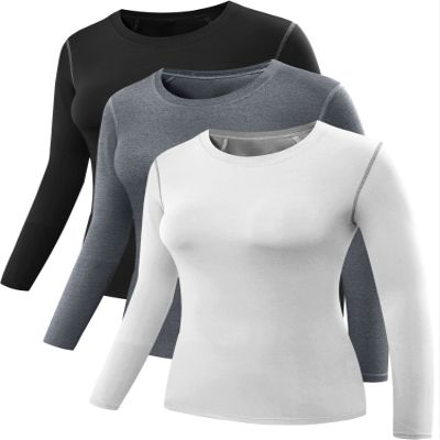 NELEUS Women's 3 Pack Dry Fit Athletic Compression Long Sleeve T Shirt,Black,Grey,White,X-Large