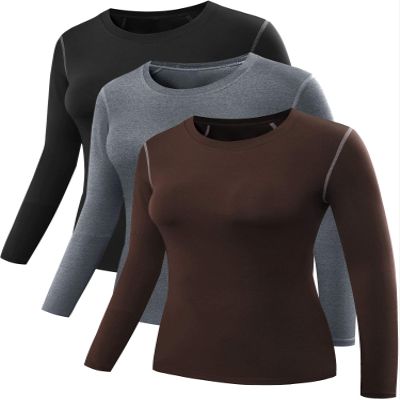 NELEUS Women's 3 Pack Dry Fit Athletic Compression Long Sleeve T Shirt,8019,Black/Grey/Coffee,XL