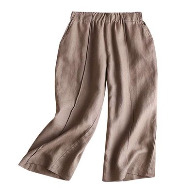 ZGZZ7 Women's Casual Linen Wide Leg Cropped Pants Elastic Waist Palazzo Lounge Baggy Pants Trousers (Khaki, X-Small)