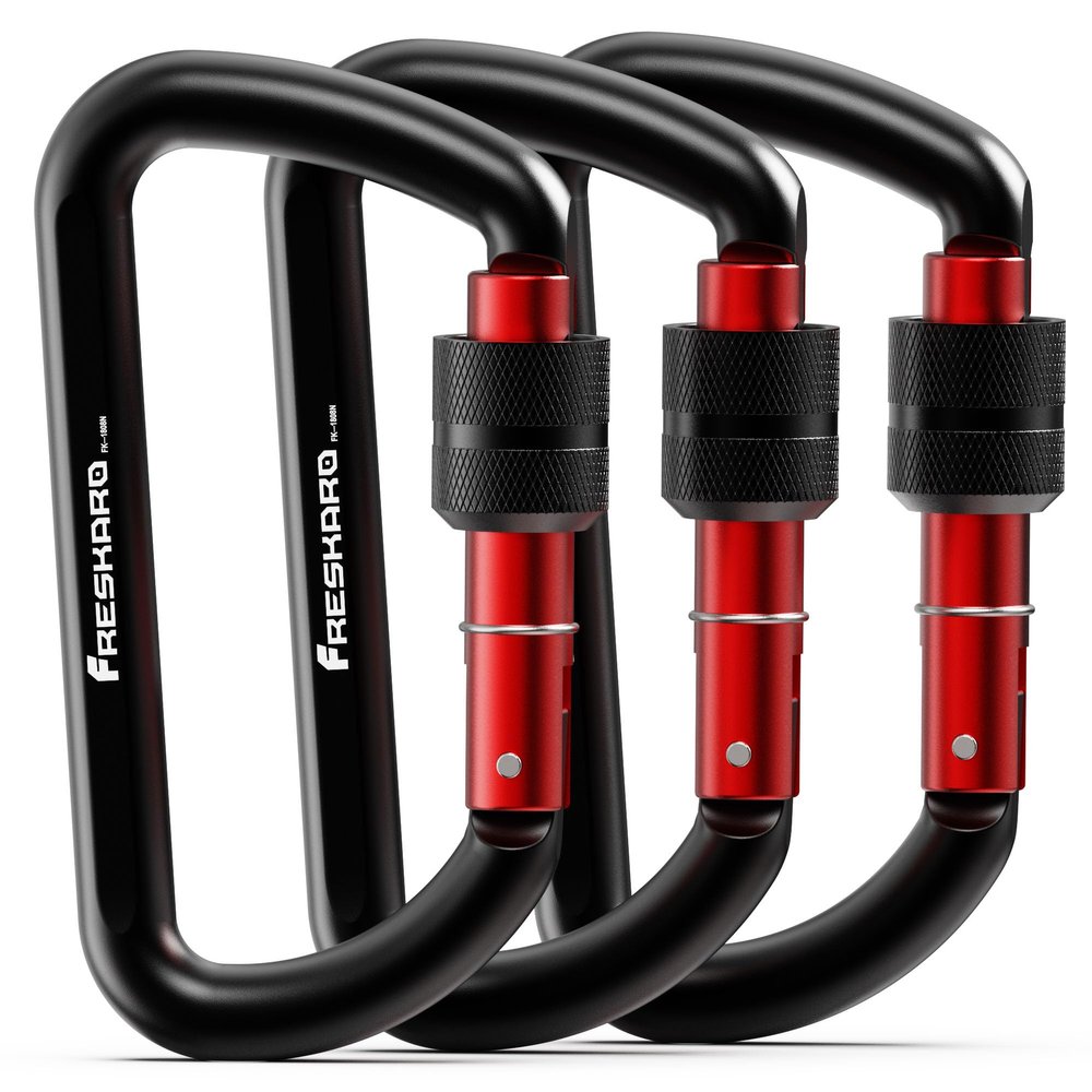 FresKaro Carabiner Clip, Locking and Small, Heavy Duty Carbineers, Key and Keychain Clips, Black Karabiner 3inch, Aluminum, D-Ring, for Belt, Hammock, Weight Bearing, Hiking, Dog Crate, 3Pack