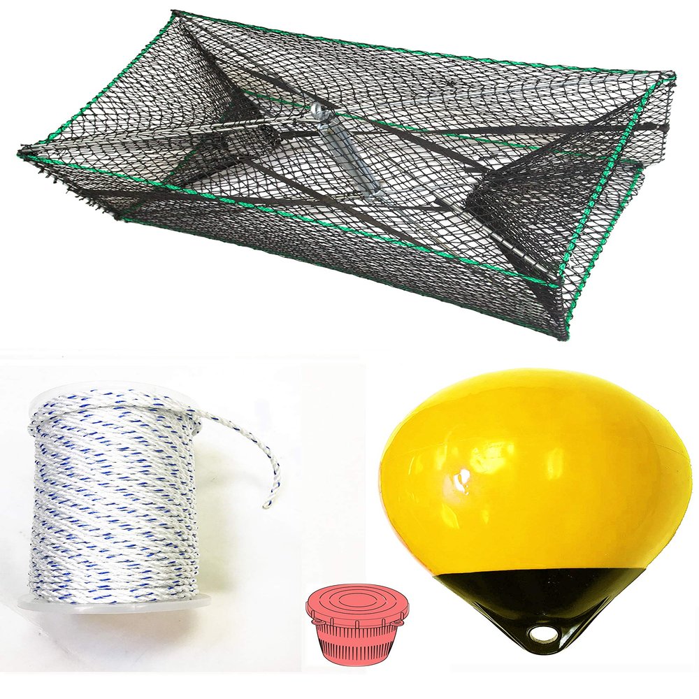 KUFA Sports Galvanized Steel Foldable Prawn Trap with 400' Rope, 15" Yellow Float and Vented Bait Jar Combo (S32+PAM38Y)