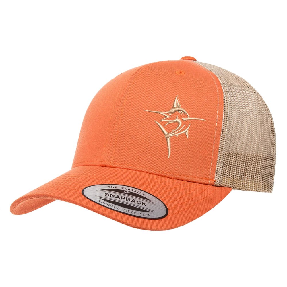 Love Sketches Embroidered Swordfish Trucker Hat | Adjustable Snapback Cap | Mesh Back Men and Women (Orange/Khaki-kh)