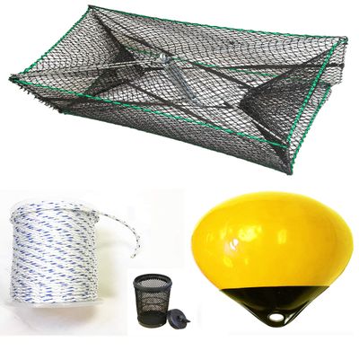 KUFA Sports Galvanized Steel Foldable Prawn Trap with 400' Rope, 15" Yellow Float and Vented Bait Jar Combo (S32+PNS38Y)