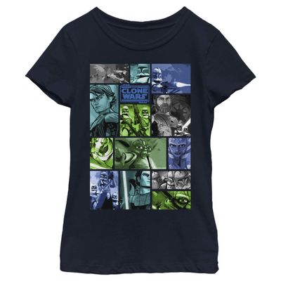 Star Wars Clone Wars Story Squares Girl's Solid Crew Tee, Navy Blue, X-Small