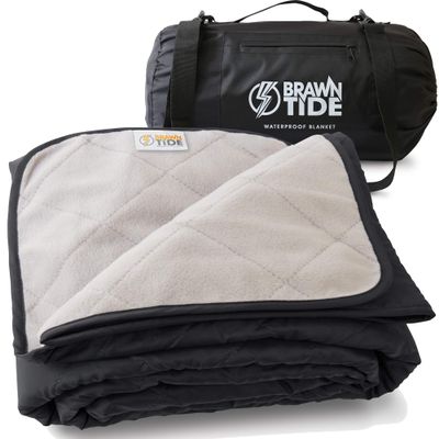 BRAWNTIDE Large Outdoor Waterproof Blanket - Extra Thick Fleece, Warm, Windproof, Sandproof, Ideal for Camping, Picnics, Grass, Stadiums, Travel, Hiking, Pets, Dogs, Concerts, Car, SUV, Truck (Black)