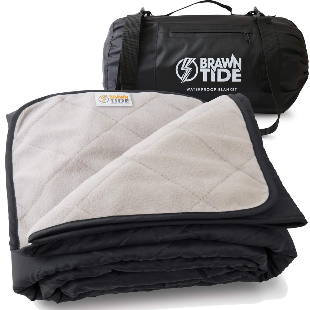 BRAWNTIDE Large Outdoor Waterproof Blanket - Extra Thick Fleece, Warm, Windproof, Sandproof, Ideal for Camping, Picnics, Grass, Stadiums, Travel, Hiking, Pets, Dogs, Concerts, Car, SUV, Truck (Black)