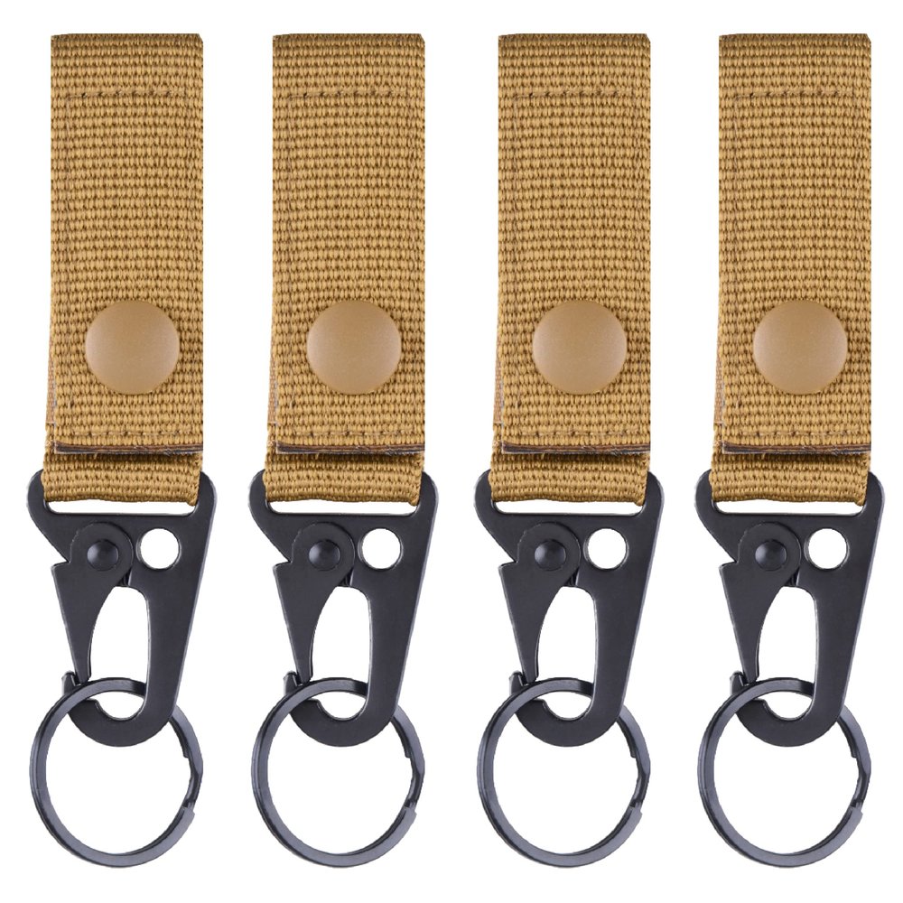 Azarxis Tactical Molle Key Ring Chain Gear Clip Key Keeper Keychain Nylon Belt Key Holder Carabiners Hanger Buckle Hook (Khaki - Pack of 4)