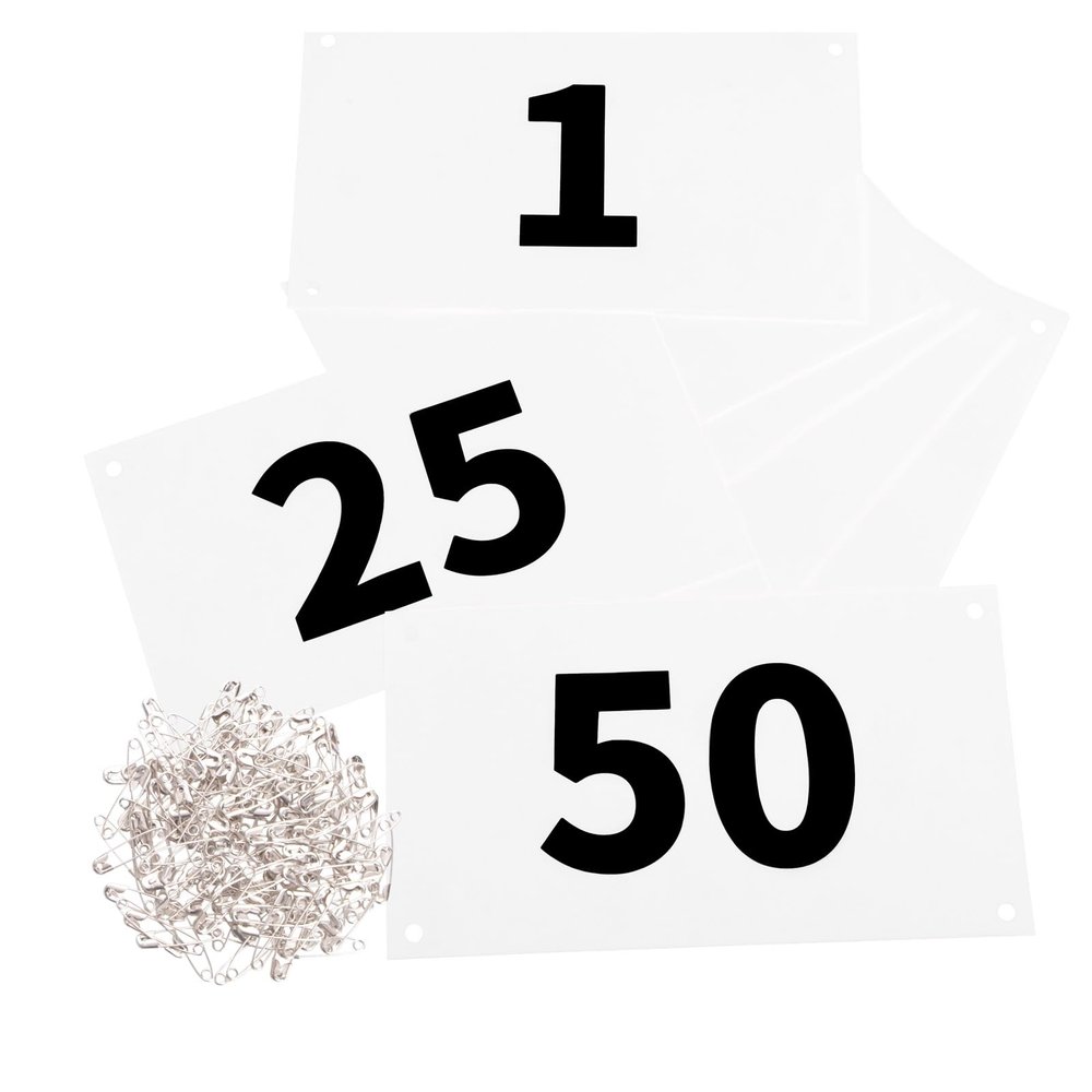 Azarxis Running Bib Competitor Numbers with Safety Pins, Tyvek Tearproof Waterproof 4" x 7" for Marathon Races Events (1-50)