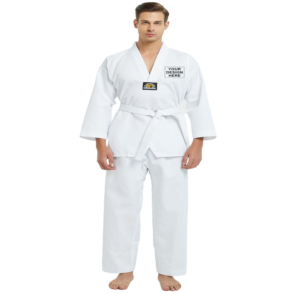 TopTie Customized Taekwondo Uniform for Kids Adults, TKD Dobok Uniform with Belt, Martial Arts Training Suit-White Trim-Size 6