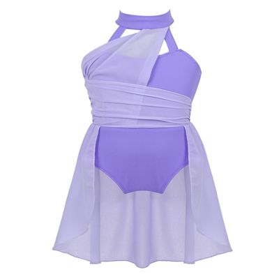 YEAHDOR Kids Girls Halter Cutout Back Lyrical Contemporary Ballet Dance Skirted Leotard Chiffon Dress Satge Costume Lavender 12