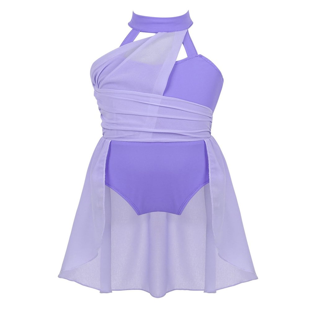YEAHDOR Kids Girls Halter Cutout Back Lyrical Contemporary Ballet Dance Skirted Leotard Chiffon Dress Satge Costume Lavender 12