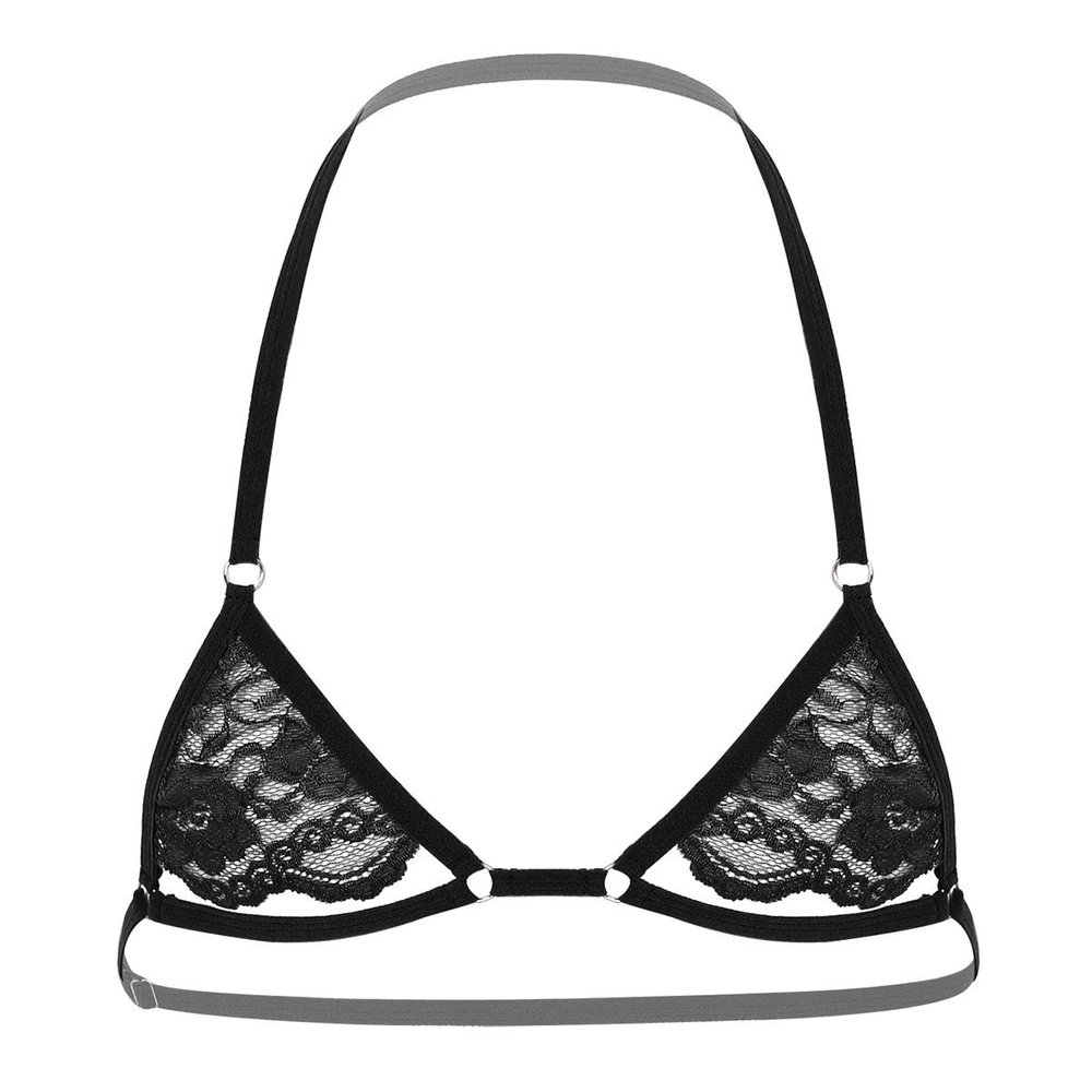 ACSUSS Mens Lingerie Sissy Sheer Lace Halter Neck Open Nipples Wire-Free Unlined Mini Bra Tops Halter Black One Size