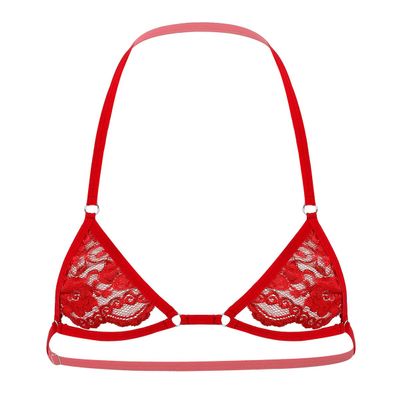 ACSUSS Mens Lingerie Sissy Sheer Lace Halter Neck Open Nipples Wire-Free Unlined Mini Bra Tops Halter Red One Size