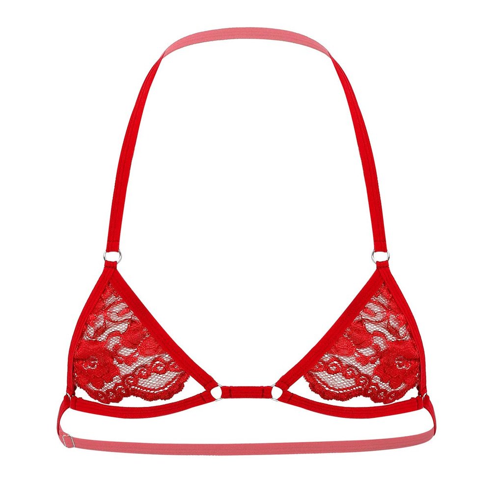 ACSUSS Mens Lingerie Sissy Sheer Lace Halter Neck Open Nipples Wire-Free Unlined Mini Bra Tops Halter Red One Size