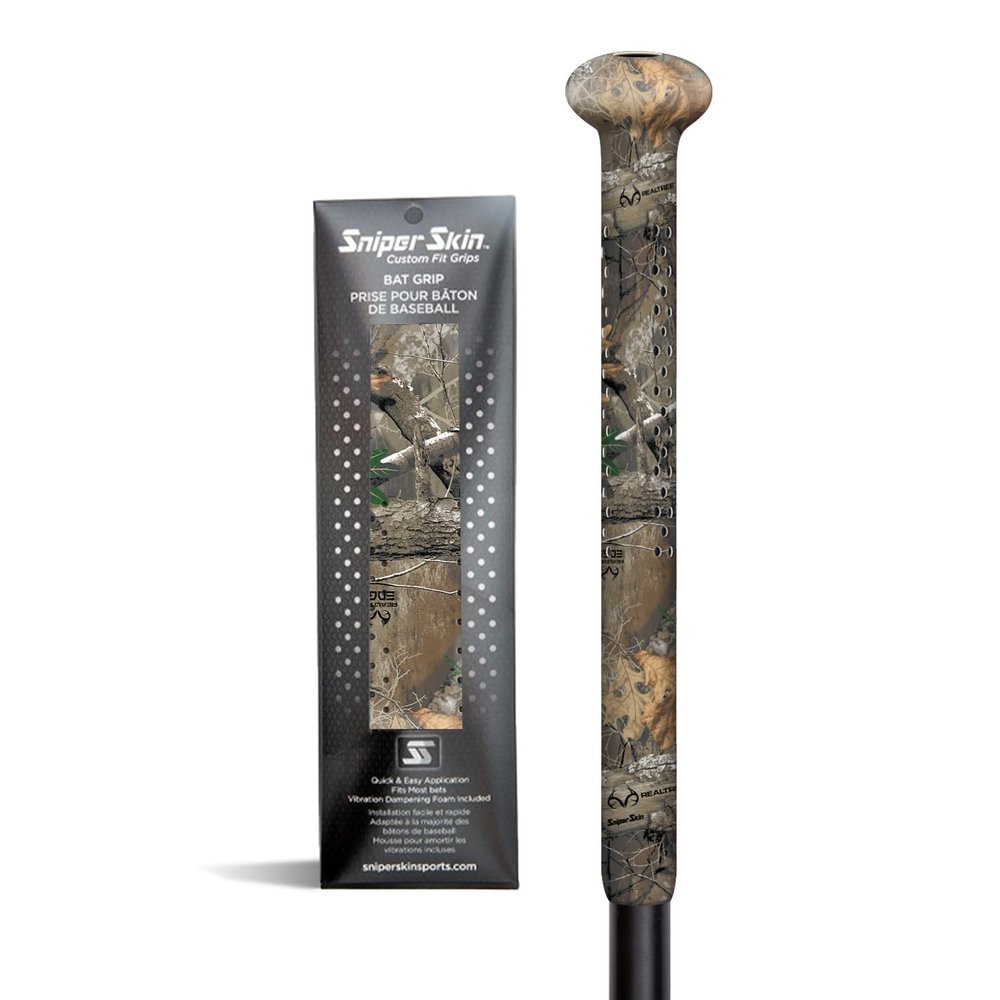 Sniper Skin Baseball Heat-Activated Bat Grip, Easy Install Tacked Non-Slip for Baseball & Softball Sports, Custom Fit Wrap That Lasts Up to 3 Times Longer - Camo Realtree Edge