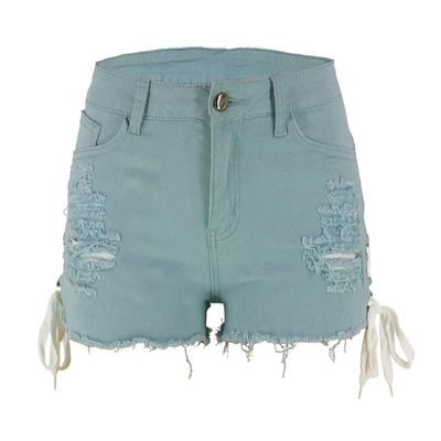 chouyatou Women's High Waist Perfect Butt-Lifting Destroyed Hole Fringed Denim Short Drawstring Slit (X-Small, Light Blue)