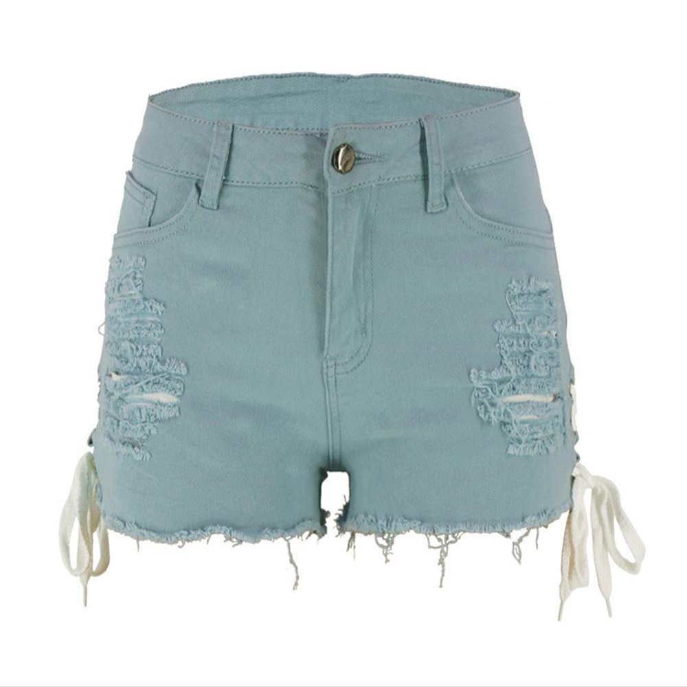 chouyatou Women's High Waist Perfect Butt-Lifting Destroyed Hole Fringed Denim Short Drawstring Slit (X-Small, Light Blue)