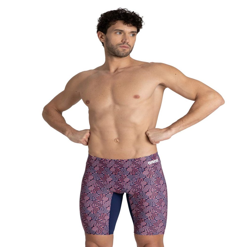 ARENA Men's Team Color Print Jammer Athletic Training Swimsuit Bathing Suit, MaxLife Chlorine Resistant Fabric, Kikko Navy/Red, 20