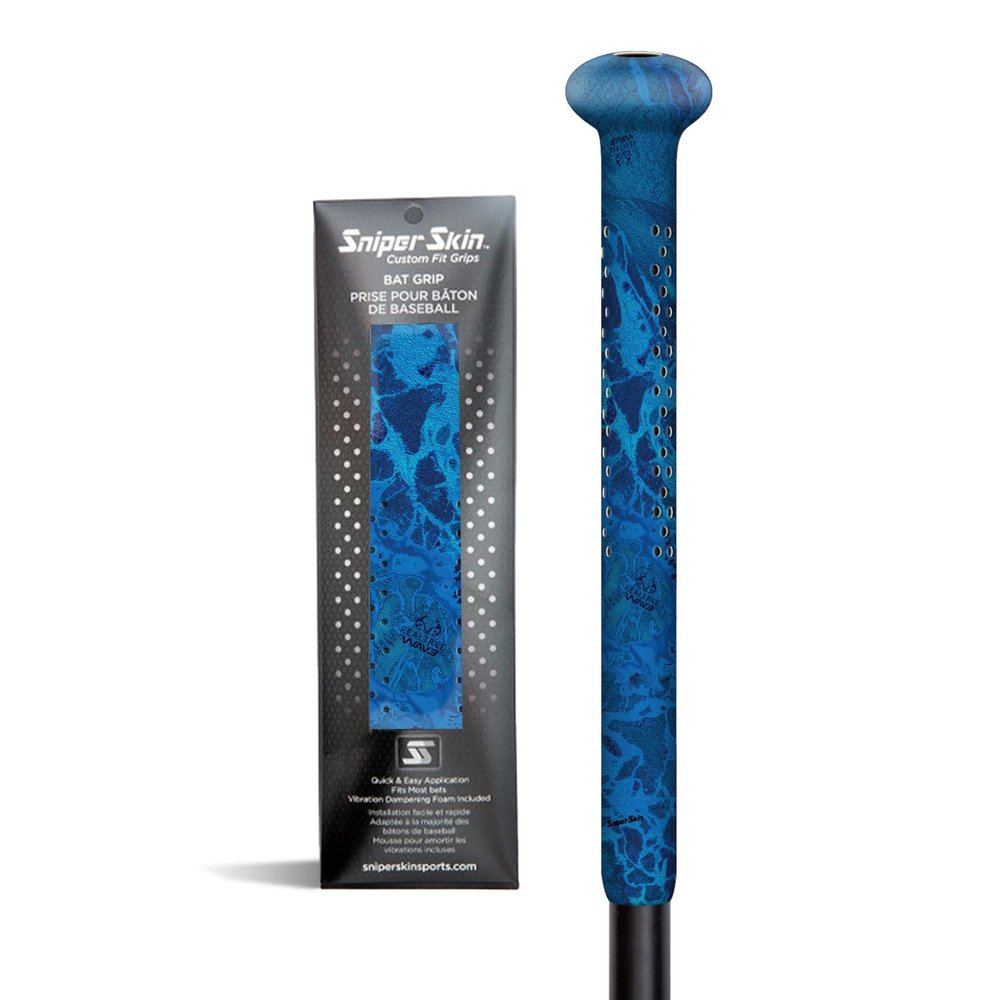 Sniper Skin Baseball Heat-Activated Bat Grip, Easy Install Tacked Non-Slip for Baseball & Softball Sports, Custom Fit Wrap That Lasts Up to 3 Times Longer - Blue Realtree Wav3