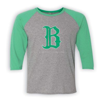 36 and Oh! Boston B Baseball Raglan T Shirt Mens St. Patricks Day Theme - Soft Style Green