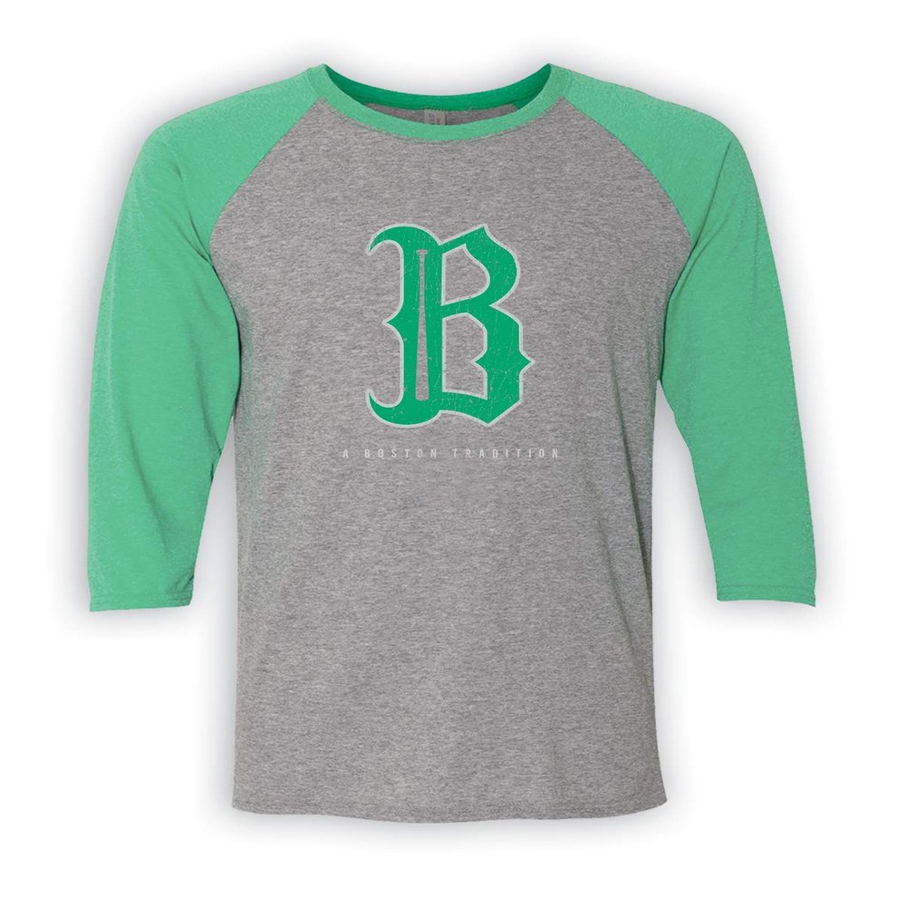 36 and Oh! Boston B Baseball Raglan T Shirt Mens St. Patricks Day Theme - Soft Style Green