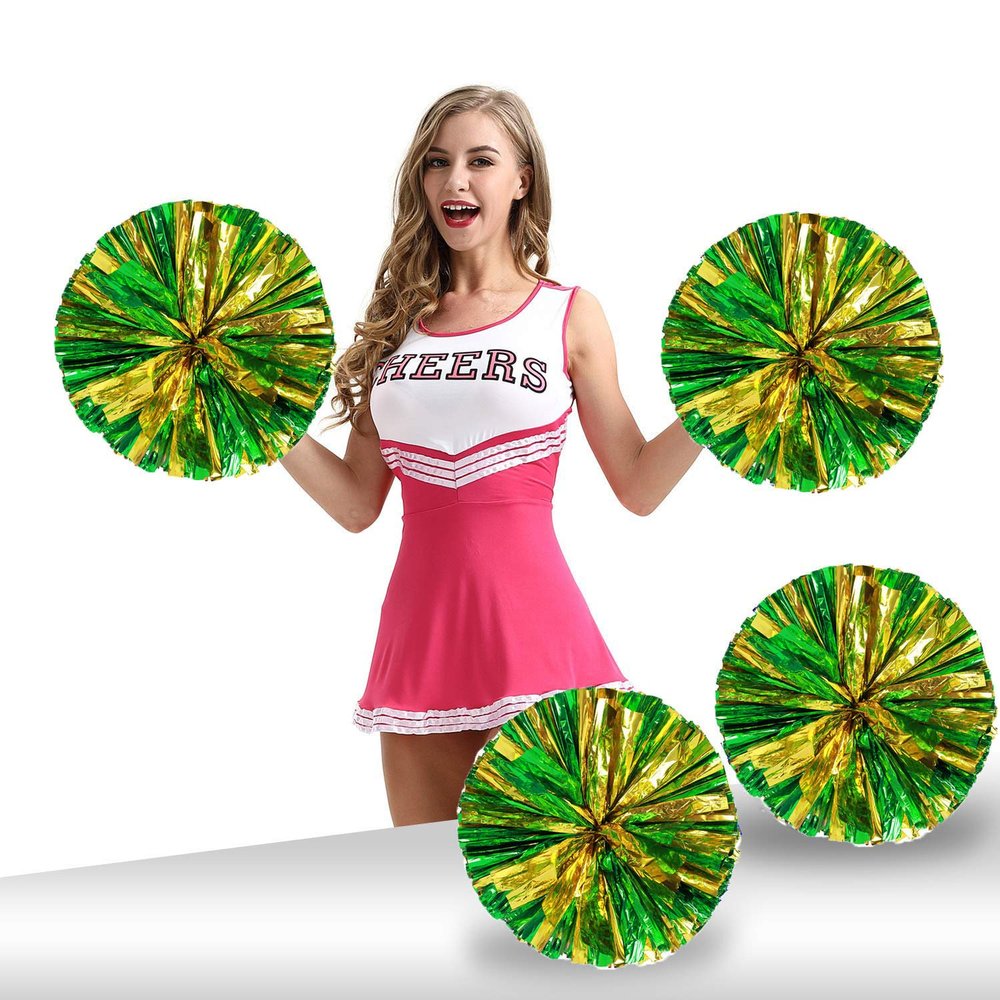 Ueerdand Pack of 4 Cheerleading Pom Poms Foil Plastic Metallic Cheerleader Pom Poms for Cheer Sport Kids Adults Team Spirit Cheering (Green/Gold New)