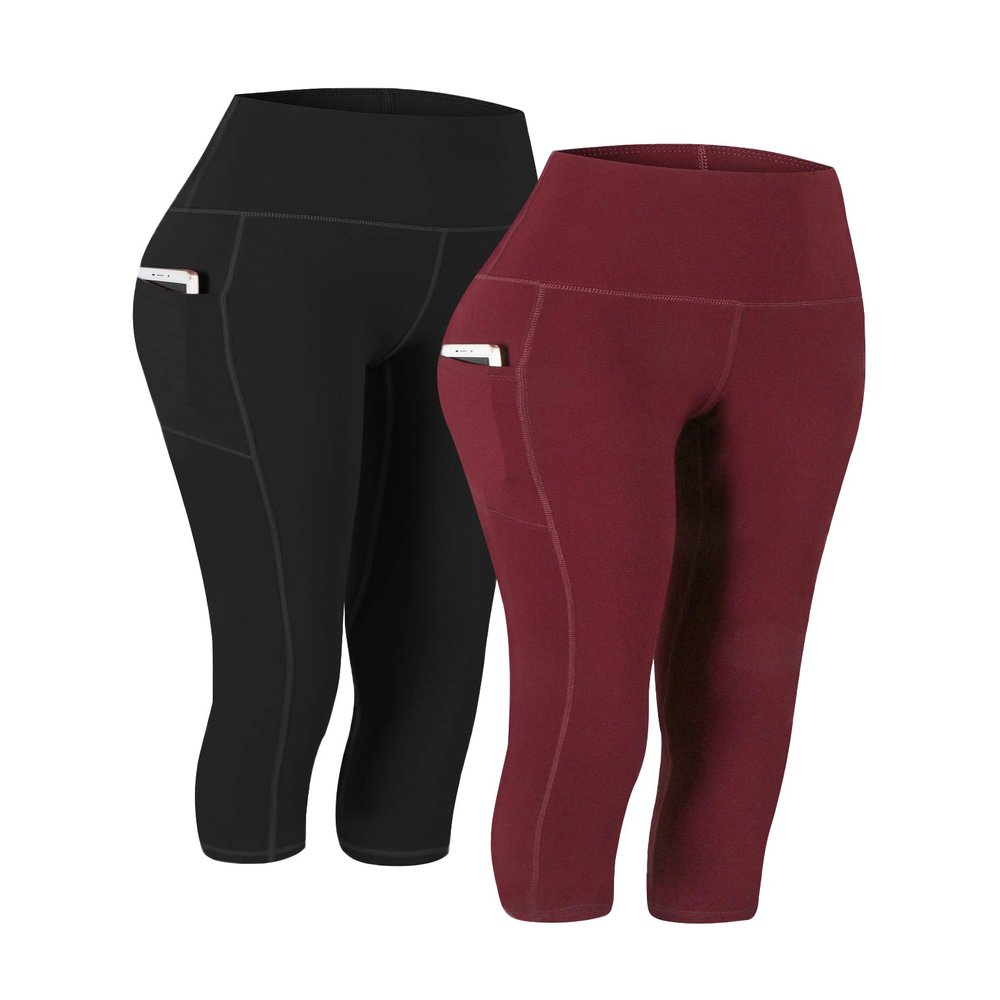 Fengbay 2 Pack High Waist Yoga Pants with Pockets, Yoga Pants Capris Tummy Control Workout Running Leggings for Women