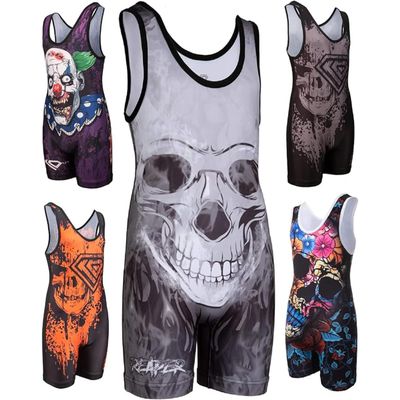 KO Sports Gear Unisex Wrestling Singlet for Adult Wrestlers - Wrestling Singlet for Men & Women - Bold Durable Uniform, Stretchy Breathable Material - Reaper Skull, Adult XX-Large